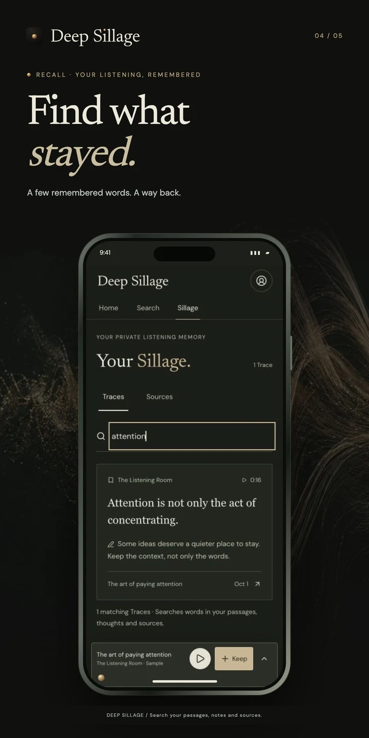 Deep Sillage App-Ansicht: Wiederfinden, was bleibt