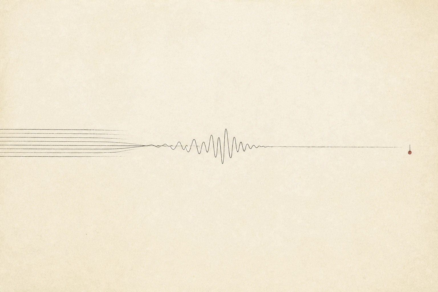 A line of printed text becomes a waveform, then silence and a single note